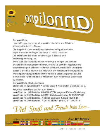 Vogel & Noot Pflüge/Drehpflüge Typ Sultan I/15+II/15+II/30 Bild- Bedienungsanleitung & Montageanleitung & Einstellanleitung - annoligno 825